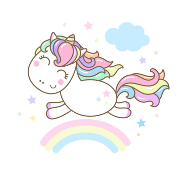 Cute kawaii pony unicorn runs over the rainbow. Isolated image on a white background. For children's design of prints, posters, cards, stickers, badges and so on. Vector