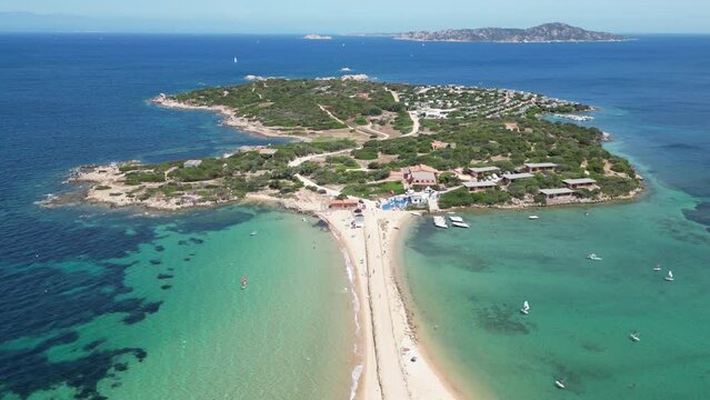 Sandbar and Peninsula island Isolo dei Gabbiani at Porto Pollo, Sardinia - 4k Aerial