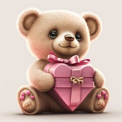 Teddy bear with a heart shaped gift box. Isolated. Valentine or birthday card. Generative ai.