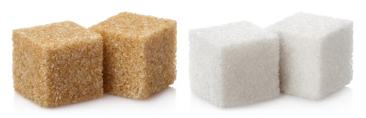 Delicious brown and white sugar cubes, isolated on white background