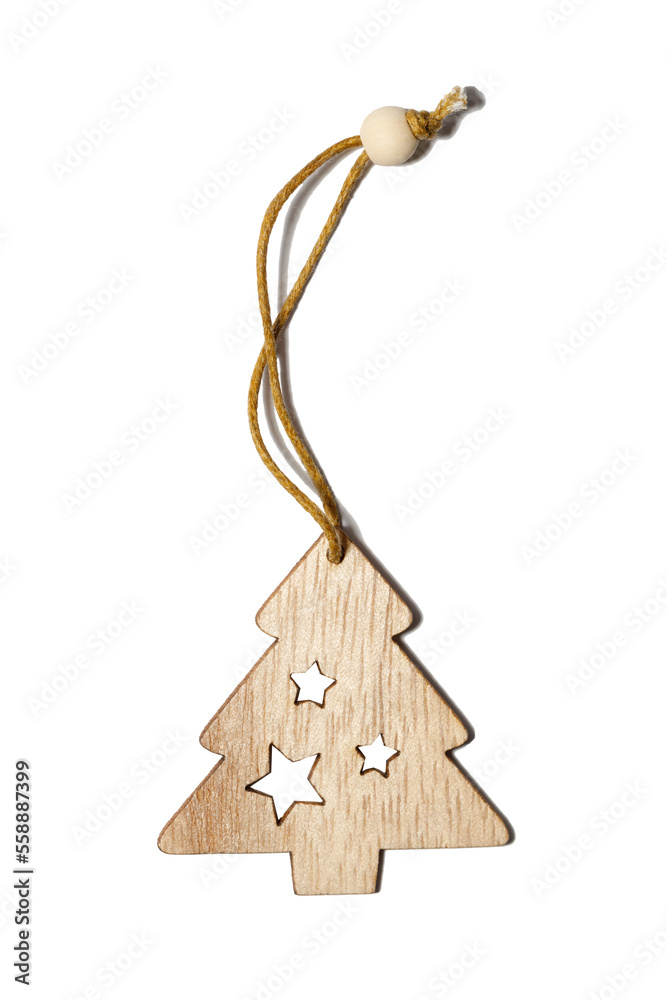 Poster wooden christmas tree with stars on a string isolated on white background