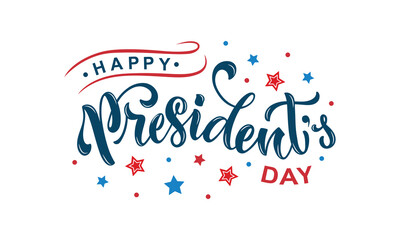 Happy President's day handwritten text on white background with red stars. Modern brush ink calligraphy, hand lettering typography. Vector holiday illustration for greeting card, poster, banner