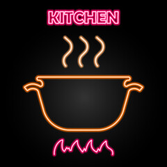 boiling pot neon sign, modern glowing banner design, colorful modern design trends on black background. Vector illustration.