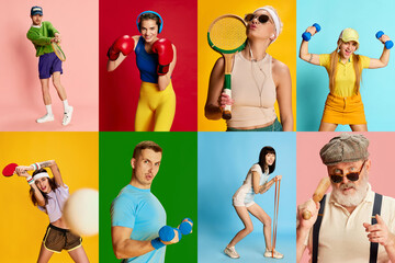 Collage. Portraits of different stylish people, men and women of different age doing various sports, training over multicolored background