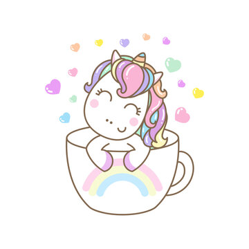 Cute kawaii unicorn in a cup. Isolated illustration on a white background For children's design of prints, posters, cards, stickers, badges and so on.
