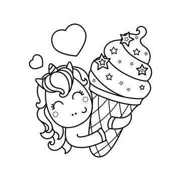 Funny kawaii unicorn is holding ice cream. Black and white linear image. For the design of coloring books, prints, posters, cards, stickers and so on. Vector