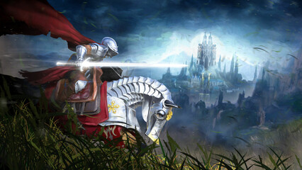 A classic knight in plate armor with a red cloak and a magical shining sword, riding an armored horse on a green windy field against the backdrop of a beautiful epic castle. 2d art © warmtail