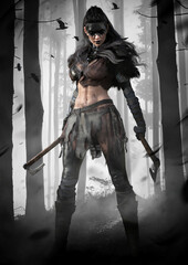 A brutal and terrifying Scandinavian Viking girl stands in a defiant pose in a gray mystical forest with fog, she has two axes in her hands, she has a muscular body and tattoos blots. 2d art