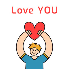 Minimalist square card with a male character holding heart symbol in hands above the head. Love YOU concept. Isolated hand-drawn vector drawing for Valentine's Day greeting. Cartoon illustration. 
