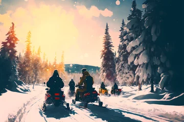 Fotobehang Illustration of a snowmobile tour through the forest, Generative AI © midninja.com