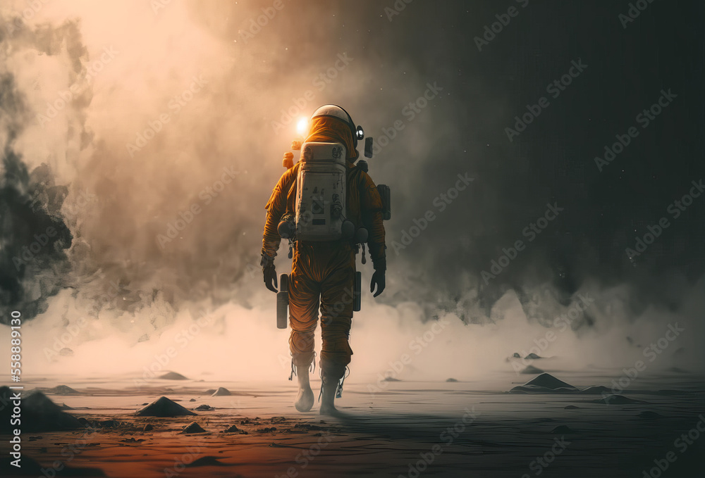Wall mural a spaceman walking through a misty distant planet landscape. generative ai