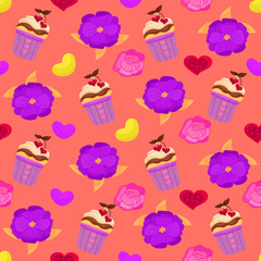 Vector romantic seamless pattern with hearts, flowers, berries and sweets on a pink background. Ideal for wrapping paper, decor, textiles.
