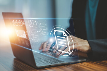 Document management concept, Businessman using computer to document management concept, online...