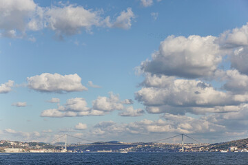 Fototapeta na wymiar Bosporus Strait With Blue Sky And Clouds, Istanbul, Turkey