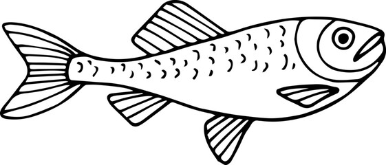 Hand drawn outline fish icon. Children's coloring book. Underwater world. Sea life. Vector illustration, doodle style.
