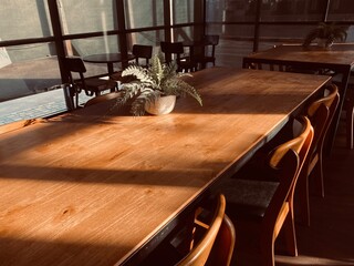 Empty table and chairs in cafeteria 