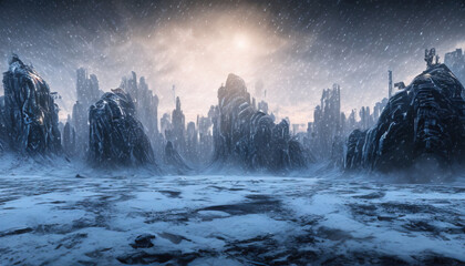 futuristic city scene covered in snow and ice