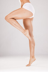 Skincare, legs glow and woman in underwear for body wellness, cosmetic lifestyle and dermatology...
