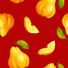 Vector seamless pattern with quince on a red background. Illustration in cartoon style. Fruit design for label, fabric, packaging.