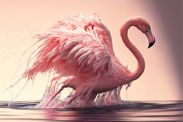 Pink flamingo dancing in the water. Digital art