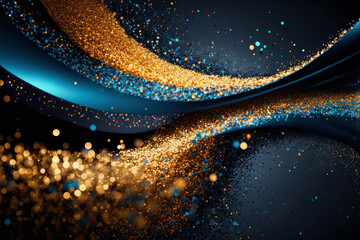 Abstract luxury swirling  blue background with gold particle. Christmas Golden light shine particles bokeh on dark background. Gold foil texture. Holiday concept.