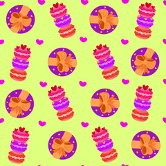 Vector romantic seamless pattern with hearts, gift box , sweets, macaroons on a green background. Ideal for wrapping paper, decor, textiles.