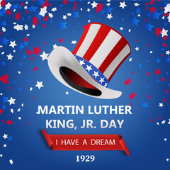 Happy Martin Luther King day. Congratulatory inscription on the background colors of the American Flag. No people. Closeup, top view