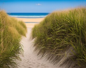 beautiful beach path with sea and sand dunes