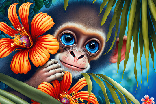 Сute baby monkey peeking out in hawaii jungle with plumeria flowers. Amazing tropical floral pattern for print, web, greeting cards, wallpapers, wrappers. Digital art	
