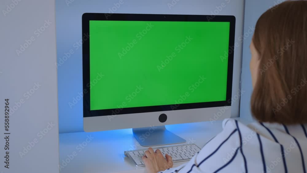 Poster employee working in office using computer with green screen workplace at home or office