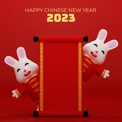 3D Render Chinese New Year 2023 Happy Rabbit with Paper Scroll Background