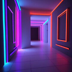 Realistic render of a neon glowing room or hallway. (AI Generated)