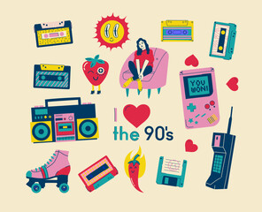 Fashion patch badges with lips, hearts, speech bubbles, audio cassette and other elements. Vector illustration set of stickers, pins, patches in cartoon 80s-90s style.