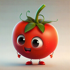 Cute and funny 3D render of a tomato. Standing up and smiling, little cute hands and feet. Large cute eyes and a green crown. (AI Generated)