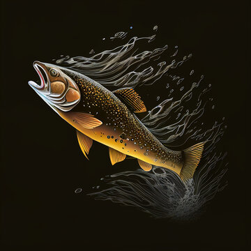 Realistic abstract rendered illustration of a trout jumping out of the water (AI Generated)