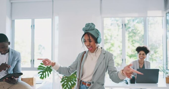 Business, woman and headphones in office, dancing and energetic with coworkers. Staff, employee and worker with headset, music and movement for corporate deal, target success or promotion celebration