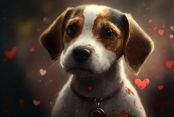 Cute Puppy with Hearts around Him. Generative AI.