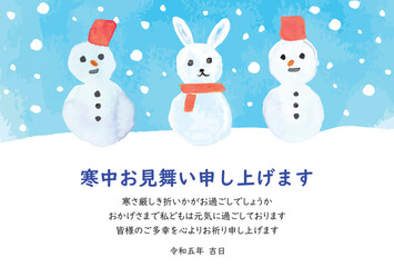 水彩のうさぎの雪だるまの寒中見舞いテンプレート