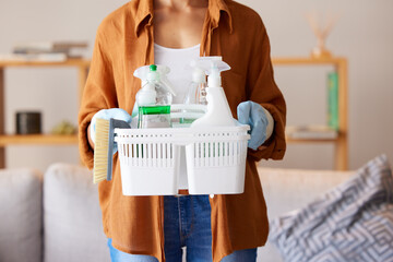 Cleaning, hygiene and detergent with a woman holding a basket of products as a cleaner in a home....
