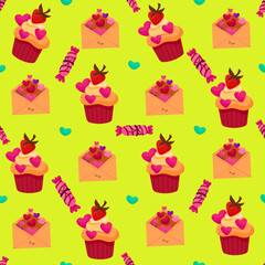 Vector romantic seamless pattern with flowers, berries, sweets and love letters on a yellow background. Ideal for wrapping paper, decor, textiles.