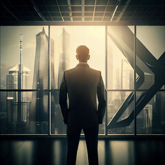 A businessman standing near a huge window in his bright office against the backdrop of skyscrapers.