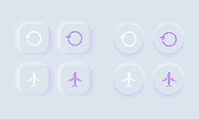 Neumorphic Button, 
restart and airplan button vector set. Continuous 3D realistic virtual style in white tone, player button set, technology and online streaming buttons, sign and symbol.