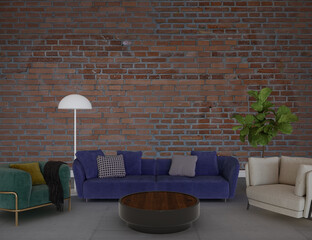 Living interior with furniture front of the vintage brick wall