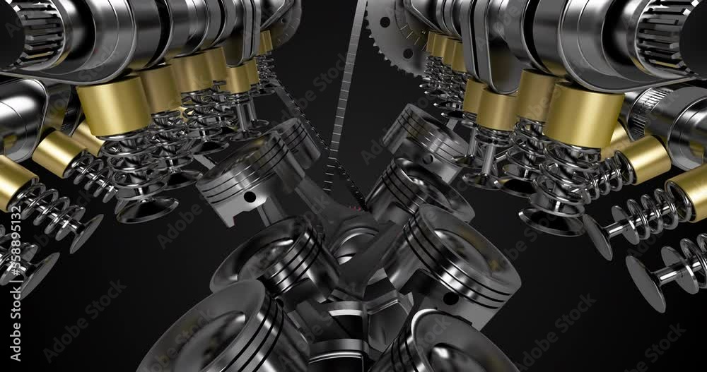 Poster v8 engine in motion. valves, pistons and crankshaft. fuel injection. perfect loop.