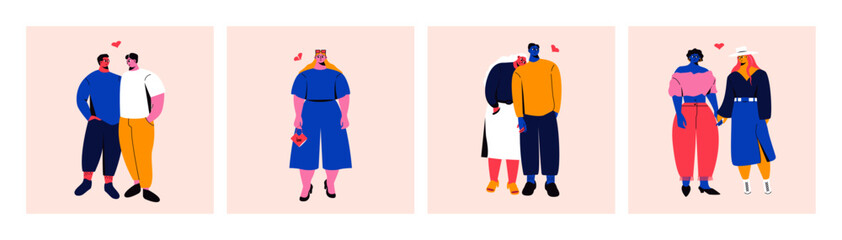 Hugging couples. Cartoon abstract characters, dating love pairs lonely woman, relationship concept. Vector colorful set