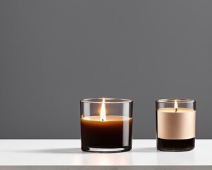 burning candle and candles on table against dark background