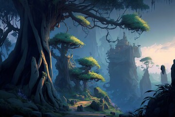 Fototapeta na wymiar fantasy forest where evil lurks. forest; magical; fantastic; night; illuminated. generative AI