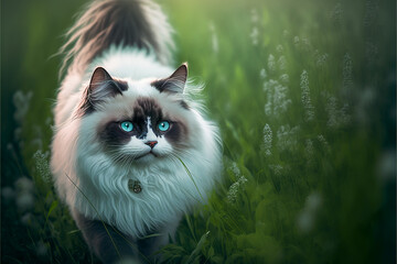 Ragdoll, breed of cat originating in England. Brown, greyish or chocolate coat color, with blue eyes. Generative AI.