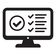 Computer monitor with check list and ok tick on it. Flat vector simple icon isolated. Web shopping illustation. Good for web and mobile design.