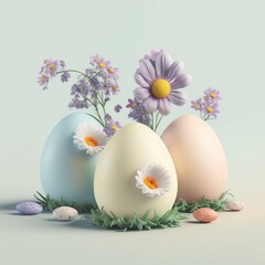 Easter eggs in pastel colors, with flowers and spring nature. generative AI